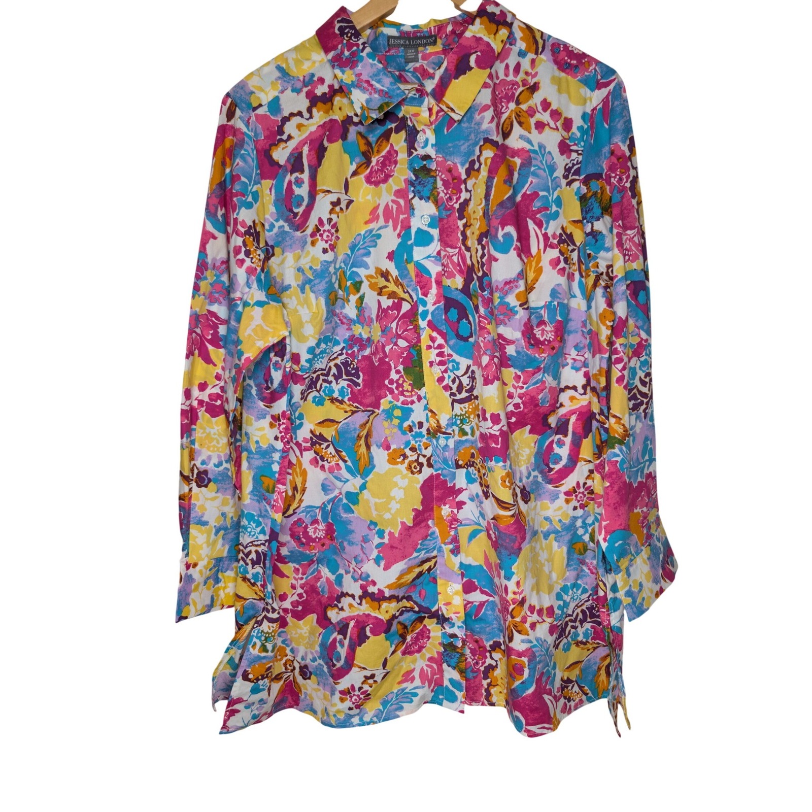 Jessica London Floral Button Down Shirt Womens 24w Multicolor Cotton Stretch